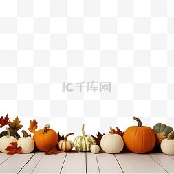 自然木桌图片_感恩节快乐概念秋季构图白南瓜木