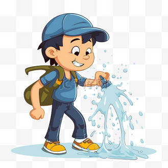 背包里的男孩在白色背景卡通片上用喷泉浇水双手 向量
