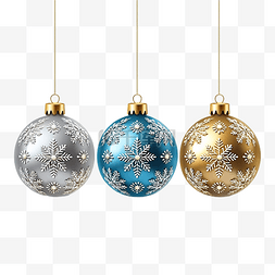 圣诞球逼真的金银蓝色和雪花