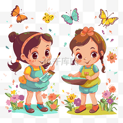 蝴蝶和人图片_两个剪贴画两个女孩正在玩油漆与