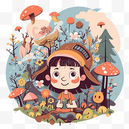 鲜花森林图片_想象剪贴画卡通女孩在森林里的蘑