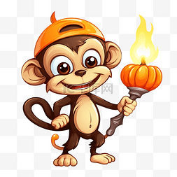 可爱万圣节南瓜头猴子插画举着火