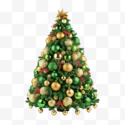 美丽的绿色圣诞树，有金色和红色