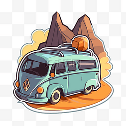 沙漠的车图片_沙漠中一辆大众露营车的贴纸插图