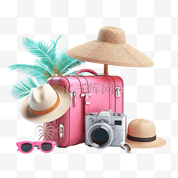 粉红色帽子图片_夏季旅行与粉红色手提箱太阳镜冲