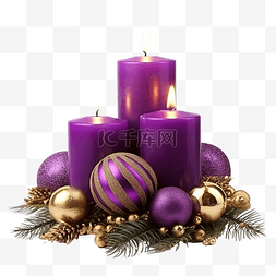 紫色亮图片_圣诞组合物，配有蜡烛和紫色和金