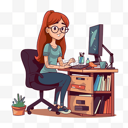 卡通工作电脑桌图片_助理剪贴画卡通女孩戴眼镜坐在办