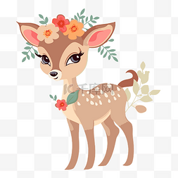 小鹿装饰png图片_小鹿剪贴画卡通小鹿装饰着花朵和