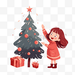 一个女孩站在圣诞树附近，扔出一