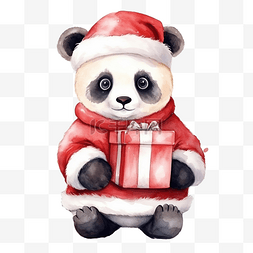 可爱的熊猫在圣诞老人服装水彩圣