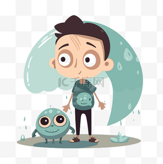 孤儿剪贴画男孩站在雨中与怪物卡通 向量