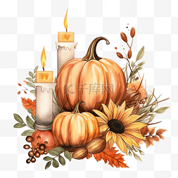 秋天贴纸图片_舒适的秋季组合物，配有南瓜蜡烛