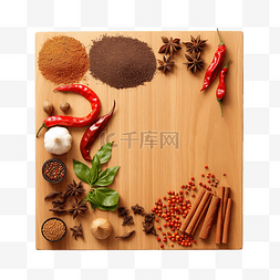 混合料图片_木制食物背景，厨房板上有香料和