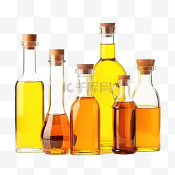 不同玻璃瓶中的大套件油，用于烹
