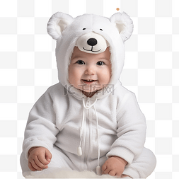 一个装扮成白色北极熊的小男孩坐