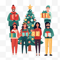 冬天的人矢量图片_不同的人有彩色礼品盒和圣诞树矢