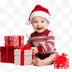 带礼品盒圣诞树和壁炉的有趣婴儿