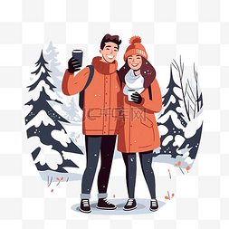 散步的情侣图片_在冬季森林里喝咖啡的幸福情侣让