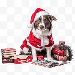 穿着圣诞老人服装的狗坐在圣诞树