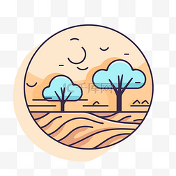 干旱的树木图片_圆形背景上沙漠的平面图标有天空