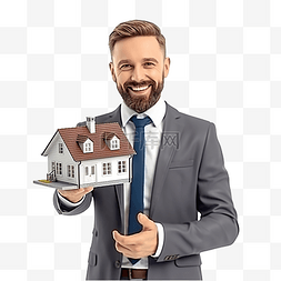 房子贷款贷款图片_微笑的房地产经纪人拿着房子的缩