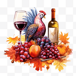 红酒桃红酒瓶图片_葡萄酒和鸡肉设计感恩节快乐