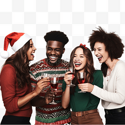 活动合成图片_圣诞节期间微笑的朋友喝酒的合成