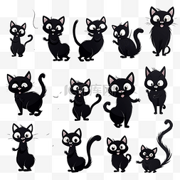 卡通小猫玩线图片_猫活跃姿势黑色涂鸦套装卡通小猫