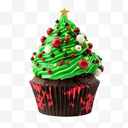 巧克力圣诞树纸杯蛋糕，上面有彩