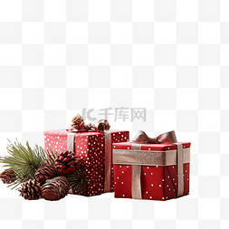 红白丝带礼物图片_圣诞礼品盒，木桌上有红白丝带，