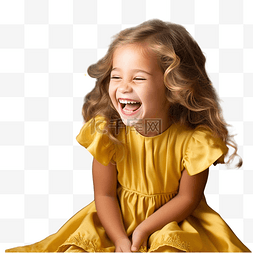 穿着黄色裙子的快乐小女孩笑着圣