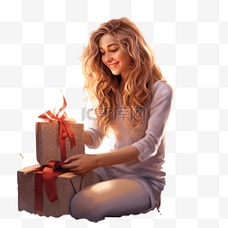 快乐的女孩坐在壁炉旁包装圣诞礼