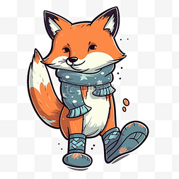 穿着保暖围巾和靴子的卡通小狐狸