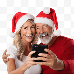 戴着圣诞帽拥抱微笑的丈夫和妻子