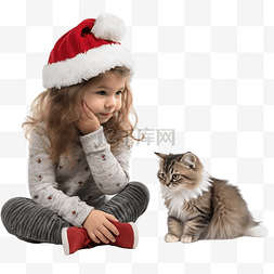 问号卡通素材图片_戴着圣诞帽的可爱女孩和猫坐在一