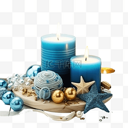 圣诞树金星图片_木制表面上有蜡烛和蓝色和金色装