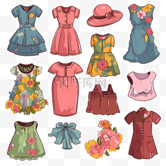 衣服剪贴画儿童可爱的连衣裙套装与衬衫卡通 向量