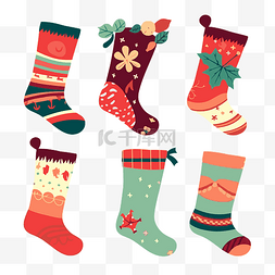 圣诞袜剪贴画 六种不同颜色和设