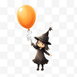 一个戴着女巫帽的小女孩把一只黑