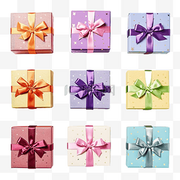 礼物丝带卡图片_带丝带的彩色礼品盒的顶视图