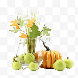 鲜花和卡片图片_南瓜玻璃花瓶，配续断和青苹果秋