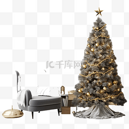 奥代尔面料图片_现代客厅配有寒假装饰圣诞树和花