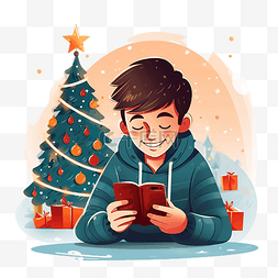 仁义礼智信国画图片_圣诞节晚上，十几岁的男孩在树附