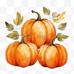 秋天的树叶剪贴画图片_三个橙色水彩南瓜和秋天的树叶剪