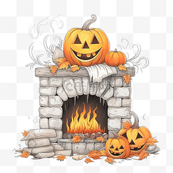 秋天童话图片_万圣节贺卡，在旧石壁炉上放着一