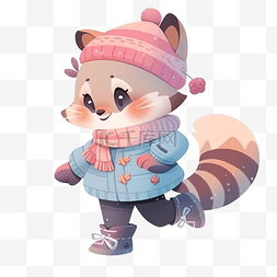 可爱的浣熊穿着毛衣和帽子玩滑冰