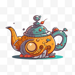 橙色茶壶图片_茶壶剪贴画卡通橙色茶壶与气泡 