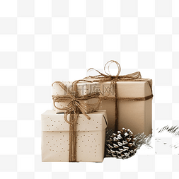乡村元素图片_圣诞礼品盒和木制锥体的冷杉树枝