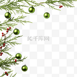 白色圣诞装饰绿色树枝的边框