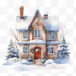 手绘房屋水彩插画图片_雪地裡的房子